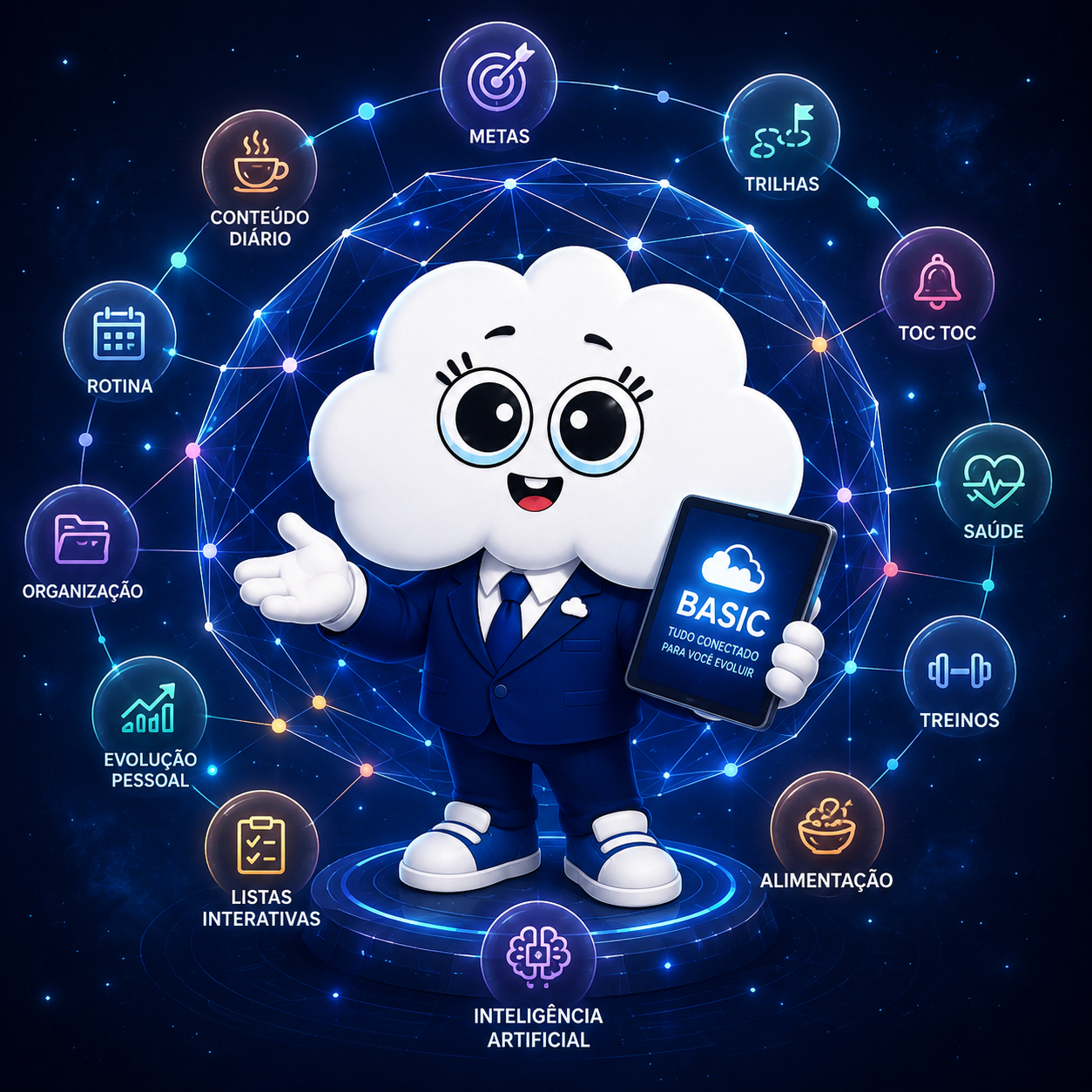 Mascote do BASIC apresentando o universo de funcionalidades conectadas